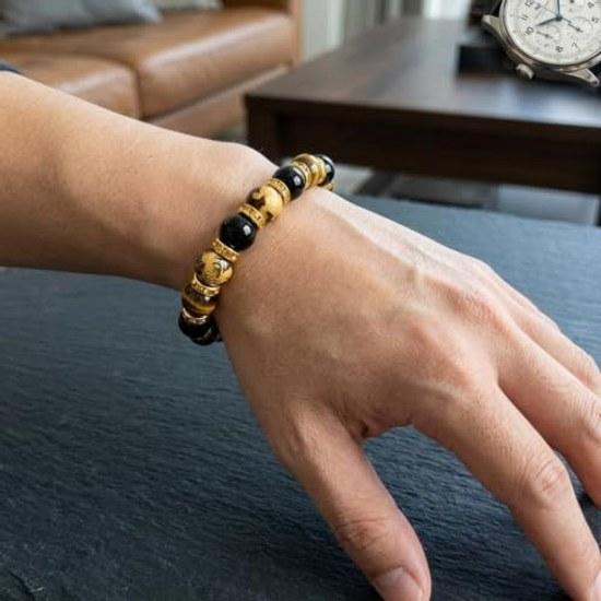 Four Guardian Beasts Bracelet Tigers Eye Gold Engraving 12mm Black Onyx Natural Stone Power that enhances work luck success Want enhance overall life
