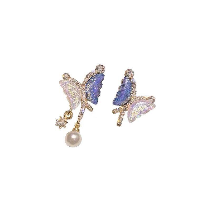 Fashion Asymmetric Butterfly Earrings for Women Cute Sweet Rhinestone Pearl Pendant Earrings Lady Party Jewelry Gift