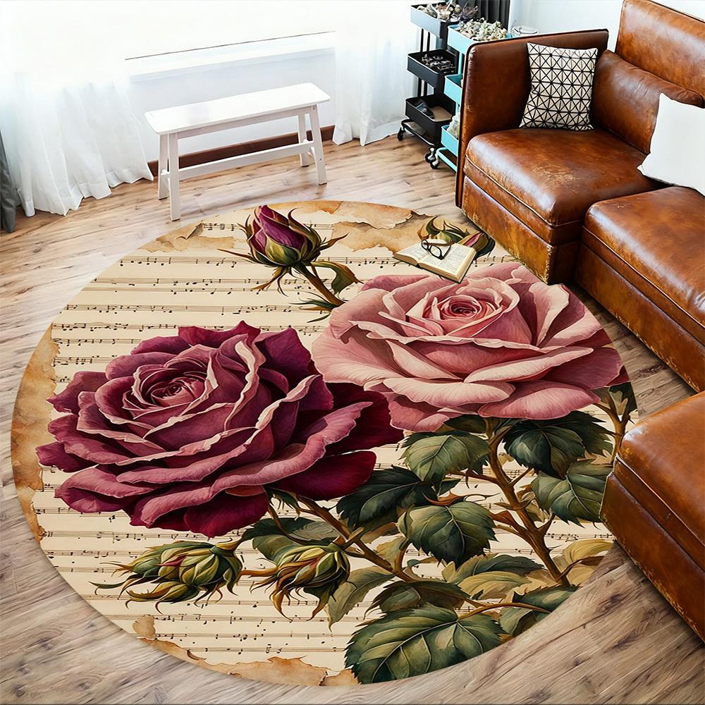 1pc Rose Music Round Chair mat office Area Rug - Non-Slip, Floor Mat for Office, Bedroom, Ideal home decor gift c0112107