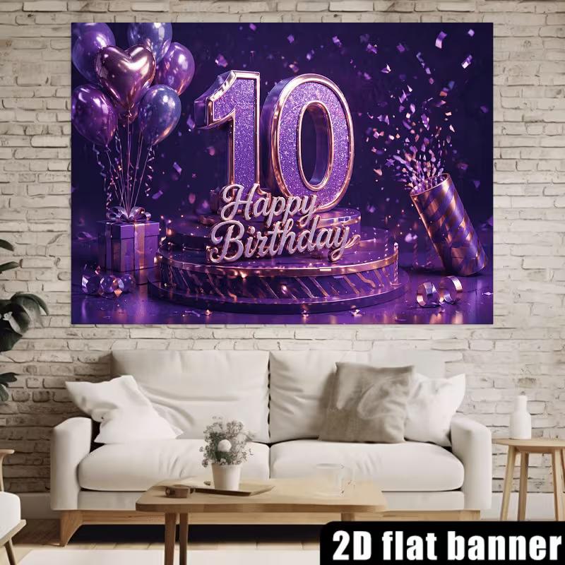 2D Glücklicher 10. Geburtstag Kulisse Lila Glitzer Foto Hintergrundtuch für Mädchenparty