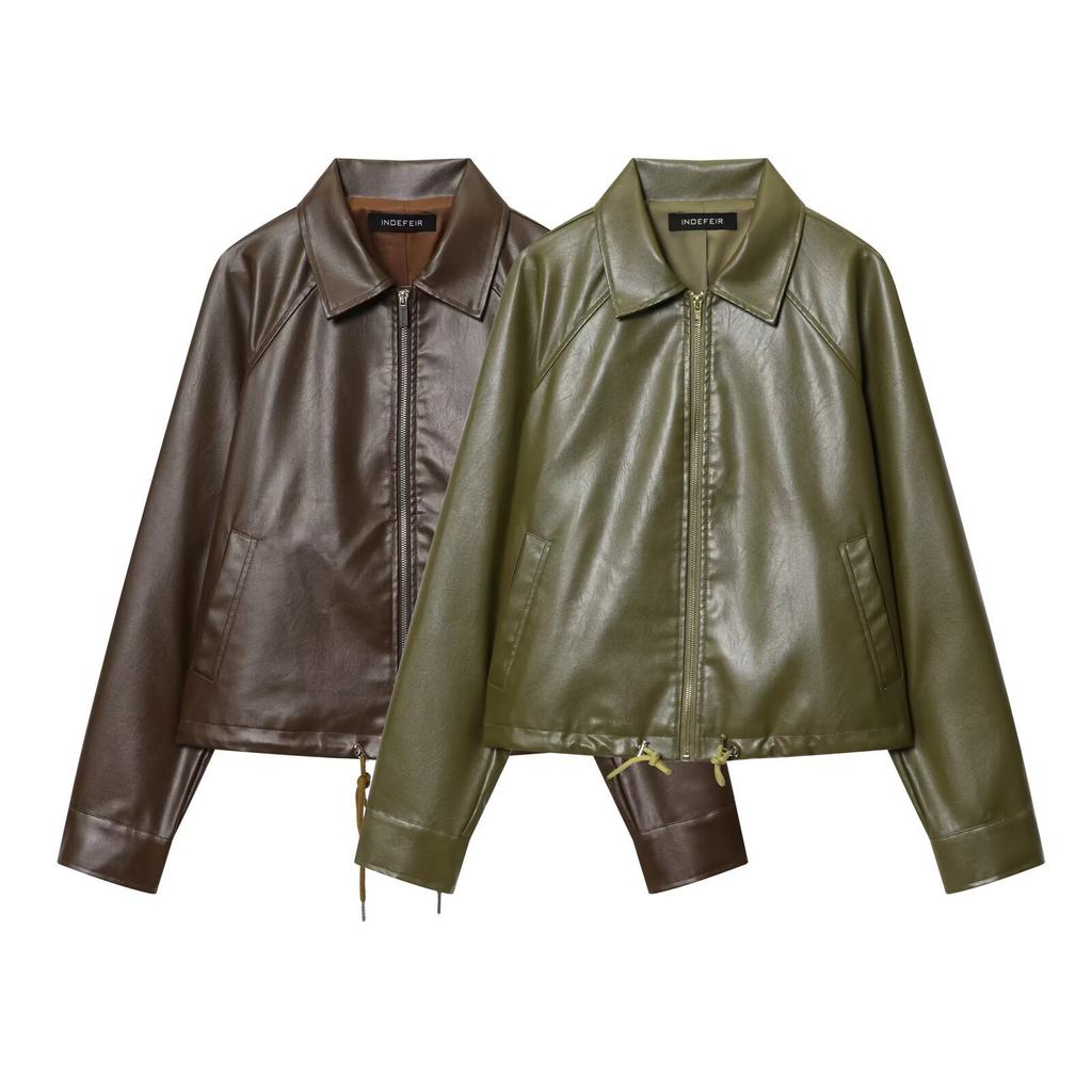 Fashion Ladies Lapel Pocket Decorative Zipper Jacket Coat Women