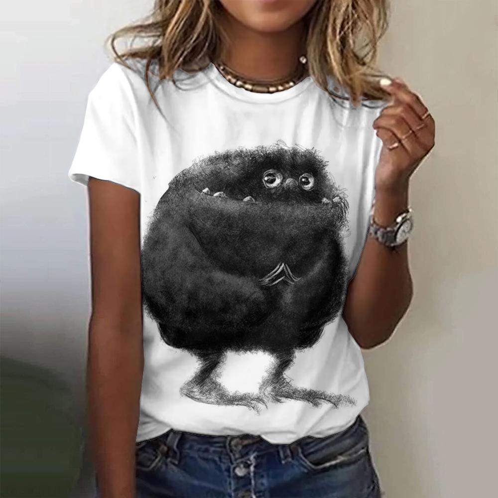 Summer Round Neck Loose Top 3d Printed Cartoon Pattern T-Shirt Fashionable Street Casual Women's White T-Shirt2024