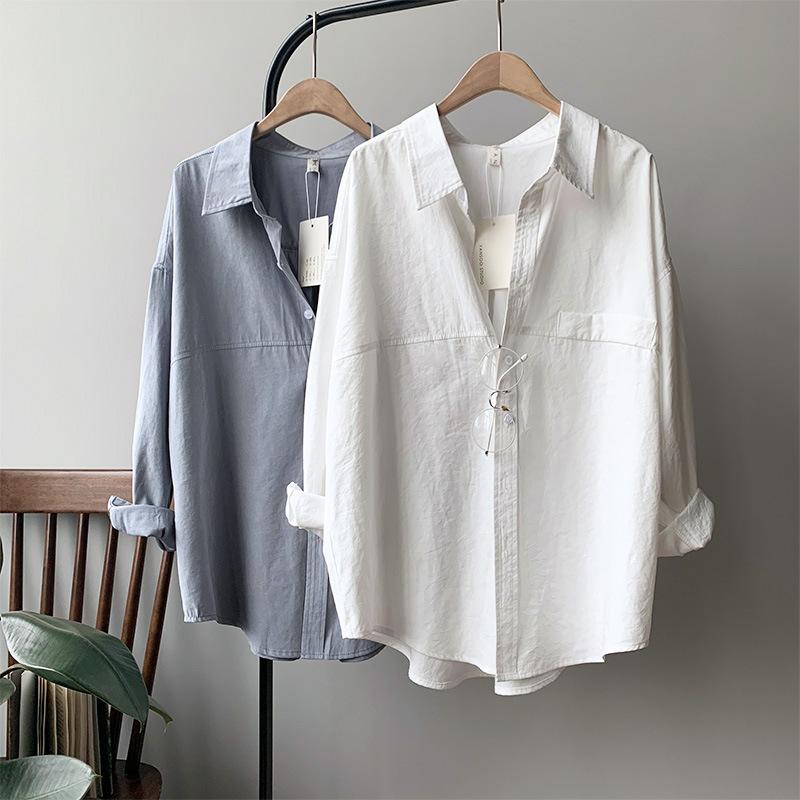 Korea Harajuku Loose Shirt Casual Long-sleeved Simple Loose White Shirt Lapel Retro Top