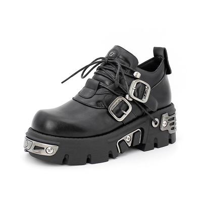 British Style Dark Punk Leather Shoes with Metal Niche Design - Low-Top Thick-Soled