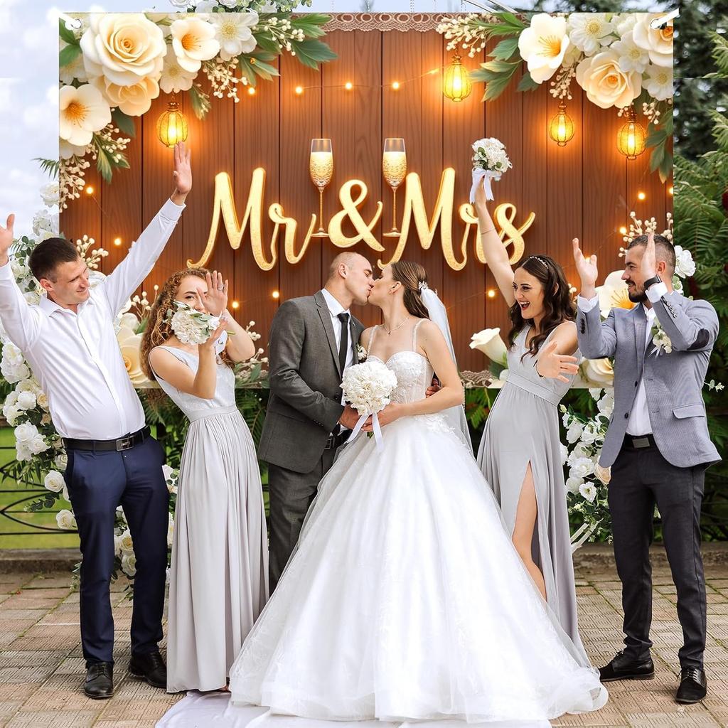Mr & Mrs Wedding Backdrop Banner Party Decorations Engaged Banner Photo Booth Props Wedding Shower Party Decoration for Reception Bridal Shower