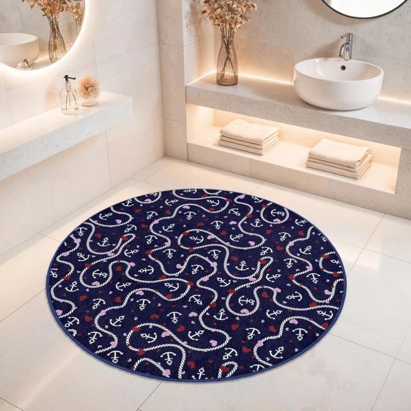 Nautical Navy Blue Anchor Pattern Round Rug Soft Non-Slip Floor Mat Vintage White Anchor Rope Circle Design Carpet for Bedroom