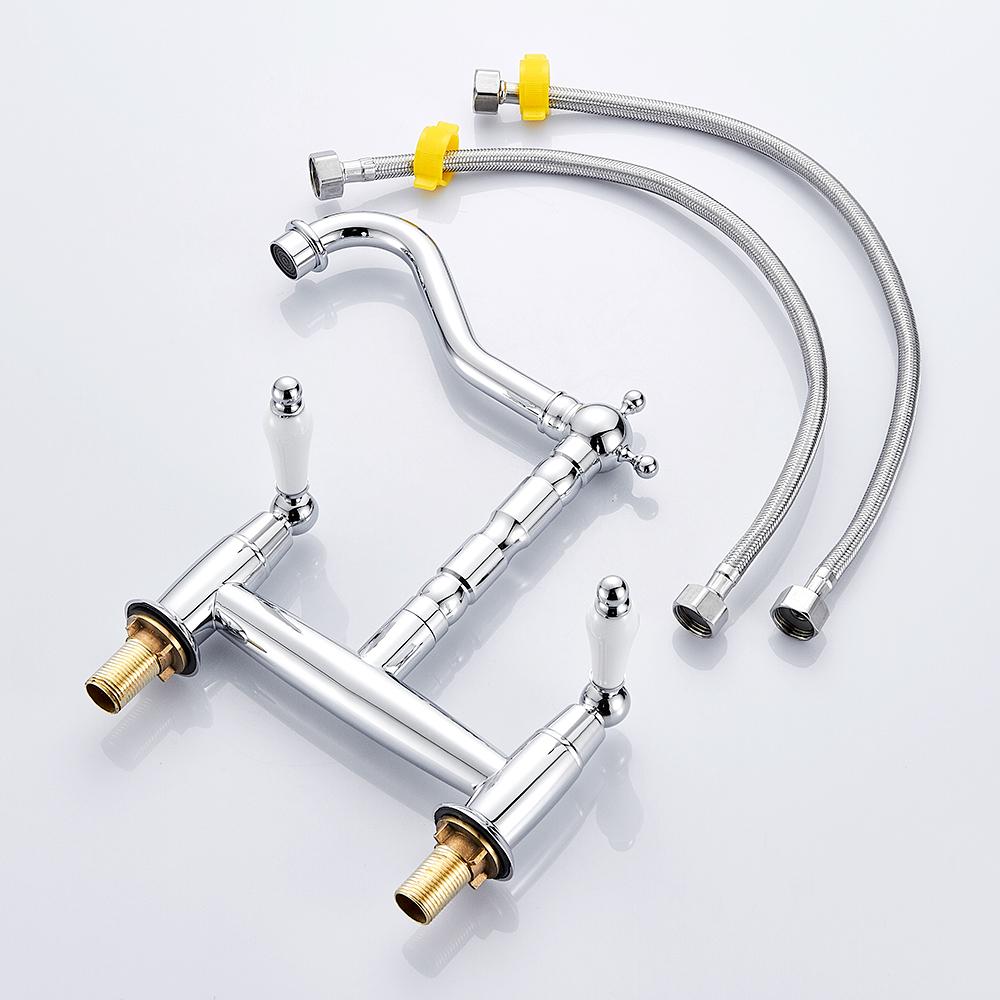 Kitchen Ceramic Handle Faucet European Style Full Brass Retro Double Hole Two Handle Bathroom Basin Faucet Kitchen Sink Faucet