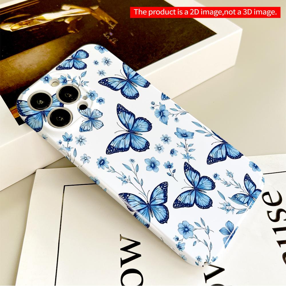 Blue Butterflies & Floral Pattern Phone Case All Inclusive Film Hard Phone Case, Compatible with iPhone 18 Pro Max 17 16 15 14 13 12 11