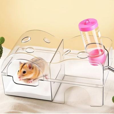 3 In 1 Hamster Hideout Acrylic Spacious 2-Story Sand Bath Box Detachable Chew-Proof Guinea Pig Bathtub Sleeping Den