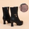 7.5cm 9.5cm Elegant Comfortable Soft Leather Boots Winter Shoes 2025 Women's Block High Heels Warm Plush Mid Calf Boots for Mom