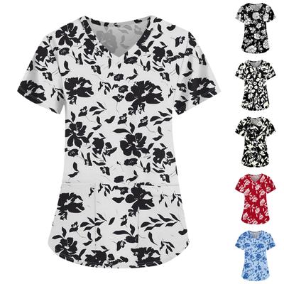 Ropa de trabajo de manga corta con cuello en V a la moda para mujer con bolsillos Tops estampados