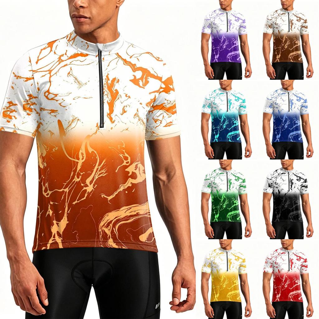 Men's Crew Neck Printed Zipper Breathable Quick Dry Short Sleeve Cycling Jersey for Outdoor Sports and Fitness Activities