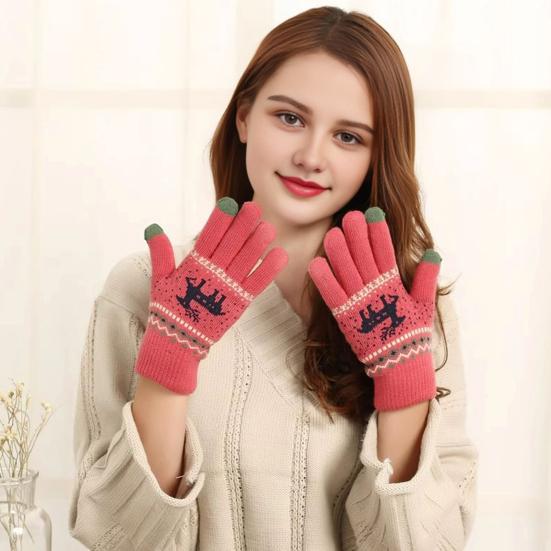 1 Pair Knitted Reindeer Full Finger Gloves Men Women Touch Screen Winter Warm Thick Fleece Gloves Outdoor Cycling Cold Weather Thermal Gloves