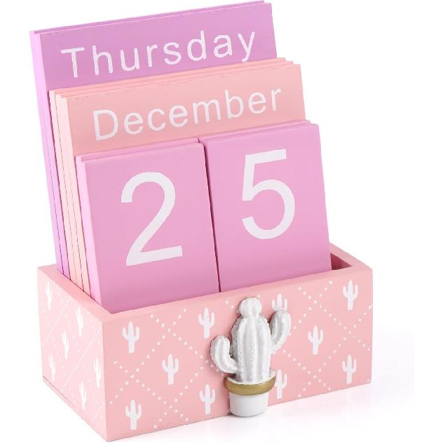 Notakia Perpetual Calendar, Wooden Calendar for Home Office Desk Accessories Vintage Wood Block Calendar(Green) Pink Calendar