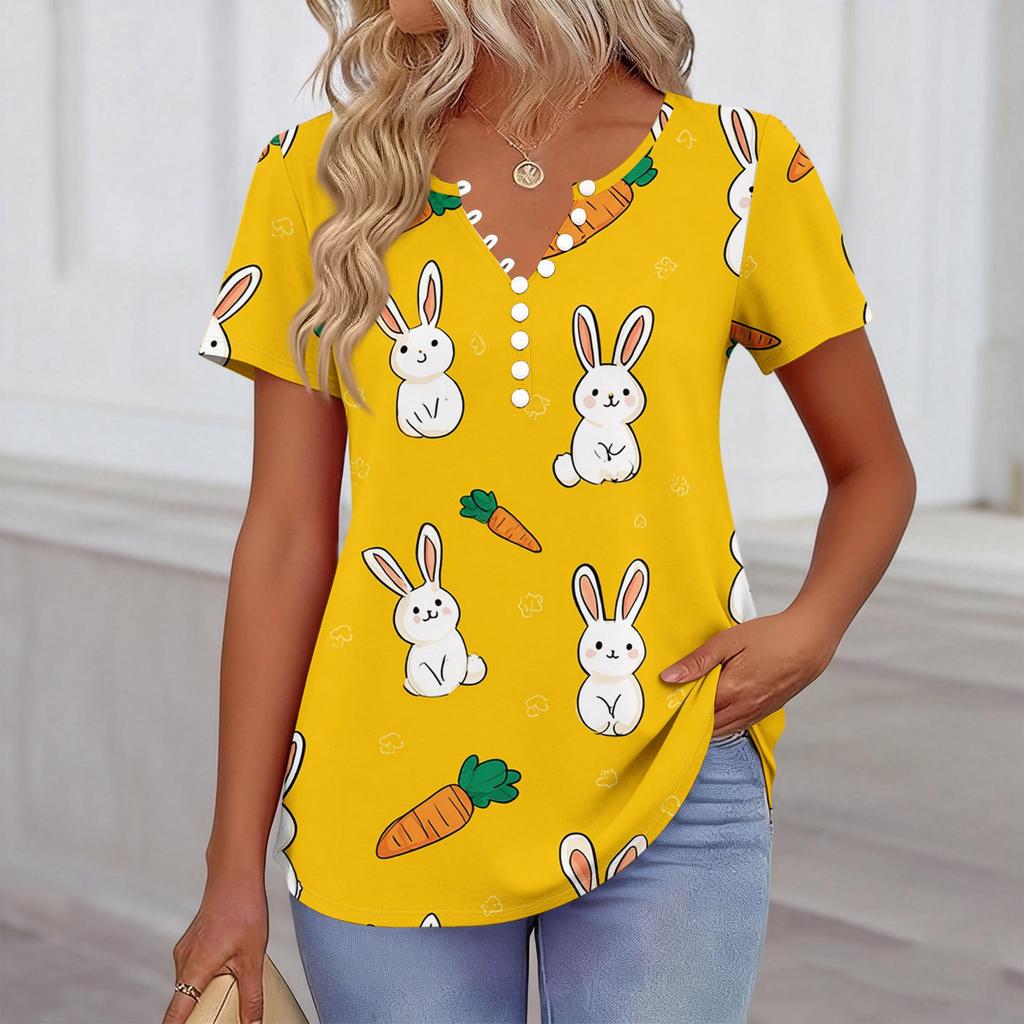 Women’s Short Sleeve V Neck T Shirt with Bunny and Floral Print Casual Loose Fit Soft Comfortable Top for Daily Wear