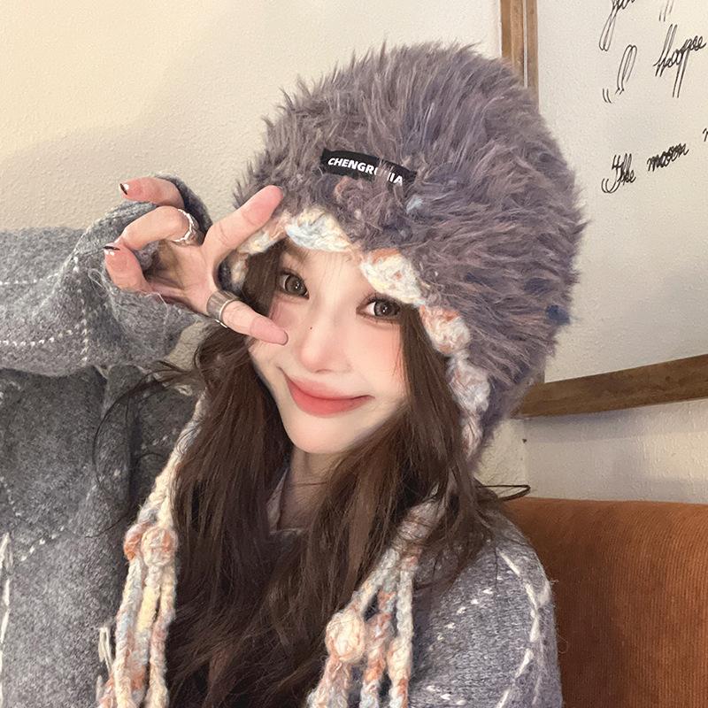 Rainbow Tassel Wool Hat for Women Warm Ethnic Style Ear Protection Hat Winter Outdoor Face Showing Small Sweet Knitted Hat Trend