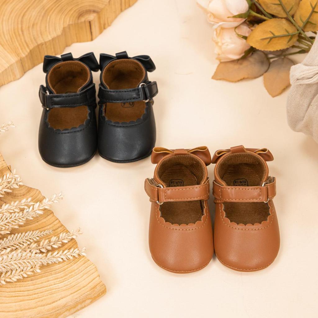 New Baby Girl Leather Bowknot Princess Shoes with Non-Slip Rubber Sole