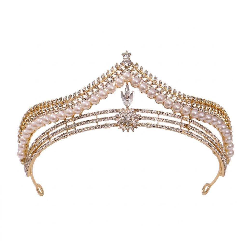 Children Pearl Crown Headband for Girls Birthday Performance Alloy Frame with Imitation Pearls and Silicone-Lining