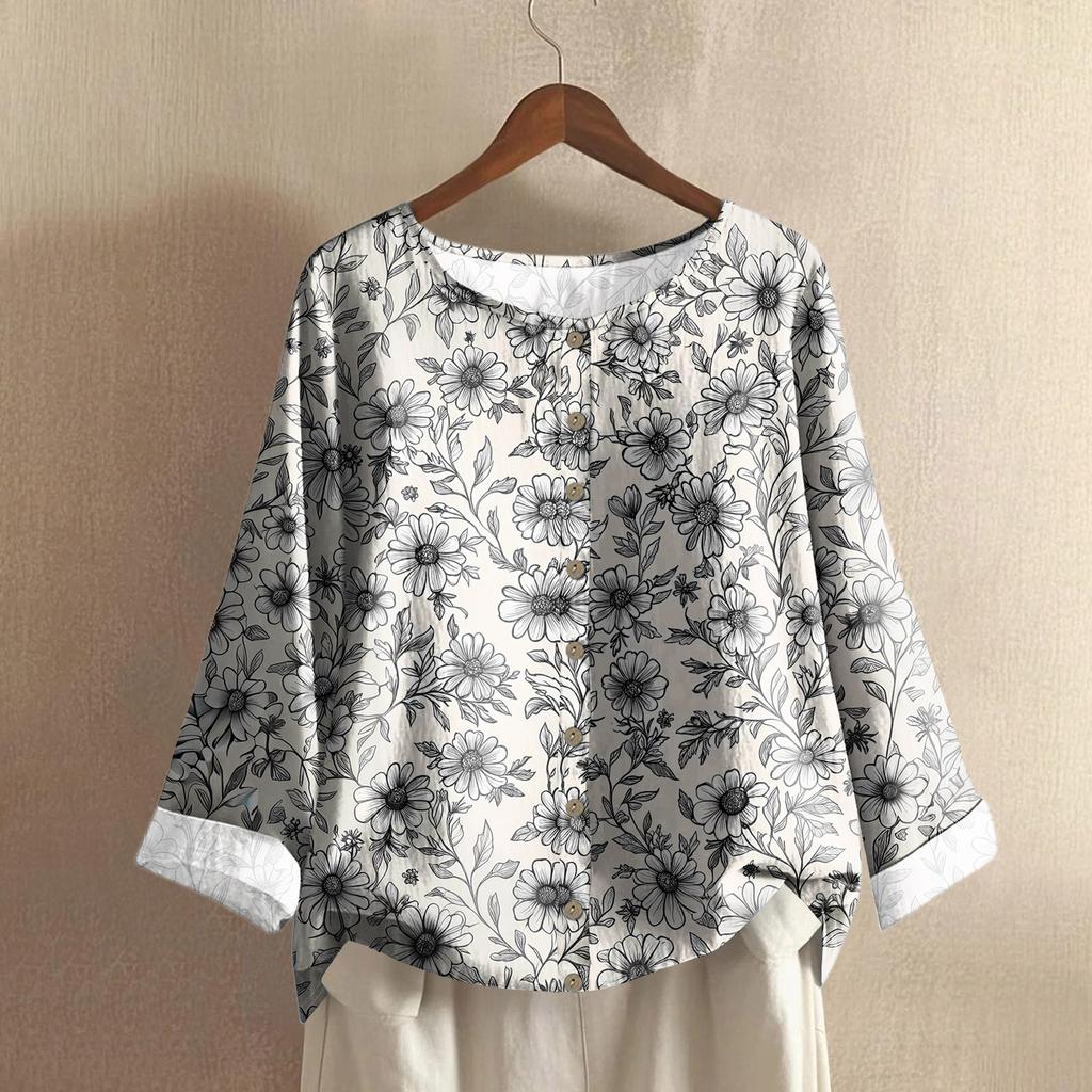 Women's Casual Long-sleeved Round-neck Retro Gradient Printed Cotton And Linen Top