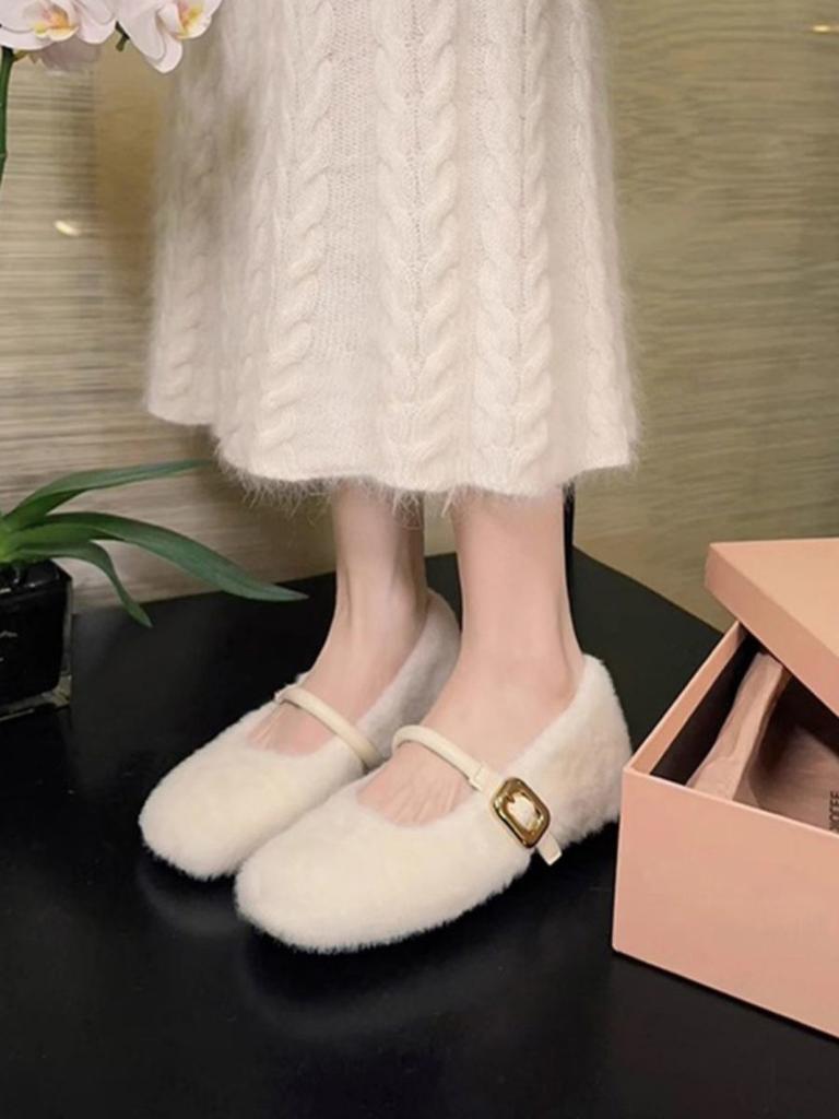 Ballet Style Increases with the Word Fluffy Mary Jane Autumn and Winter New Models Transcendent Foreign Style Gentle Soft Sole Velvet Single Shoes Wom
