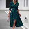 Women's Collar Long Sleeve Abstract Print Midi Dress High Waist Belted Shirt Dress