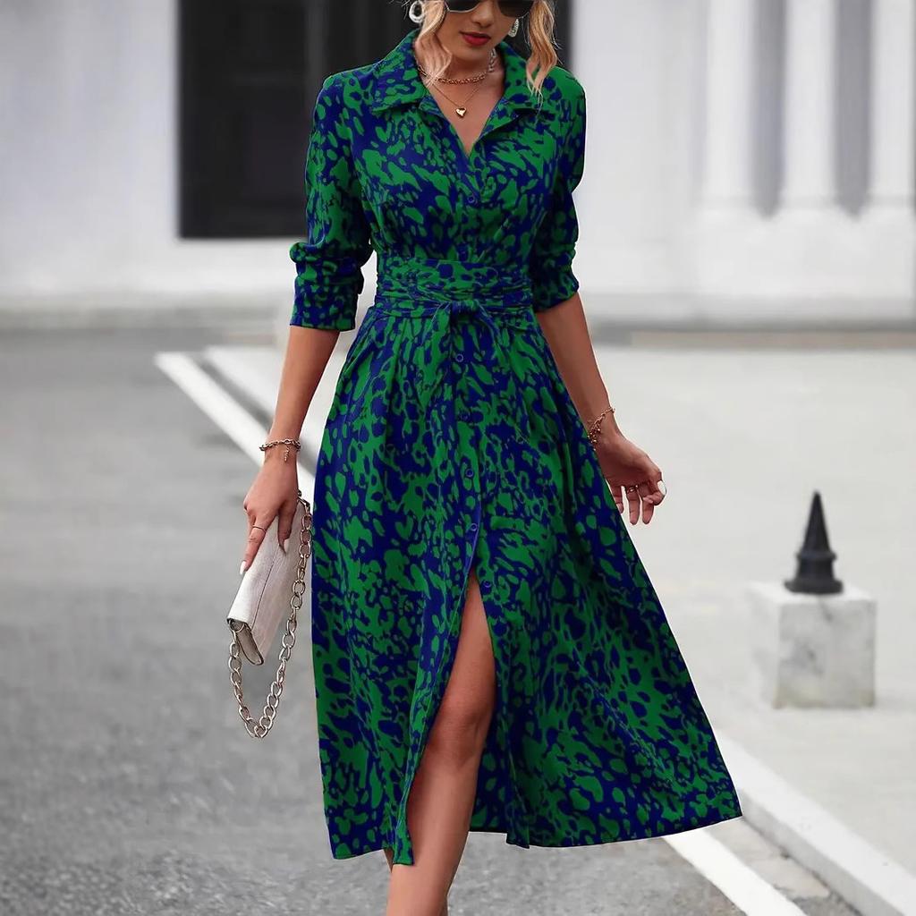 Women's Collar Long Sleeve Abstract Print Midi Dress High Waist Belted Shirt Dress