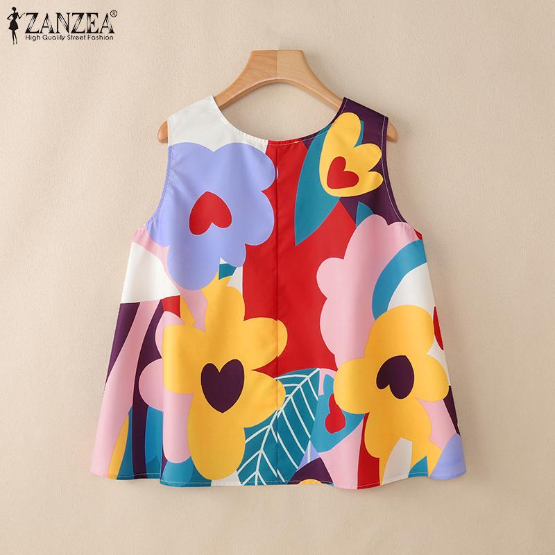 ZANZEA Women Casual Round Neck Loose Print Summer Sleeveless Tank Tops