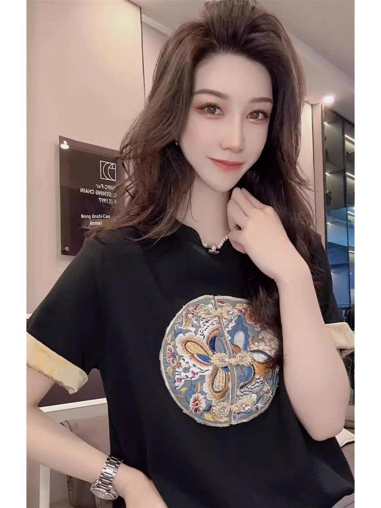Women's Summer 2025 Color-Block Cotton Short Sleeve T-Shirt with Embroidered Chinese Style