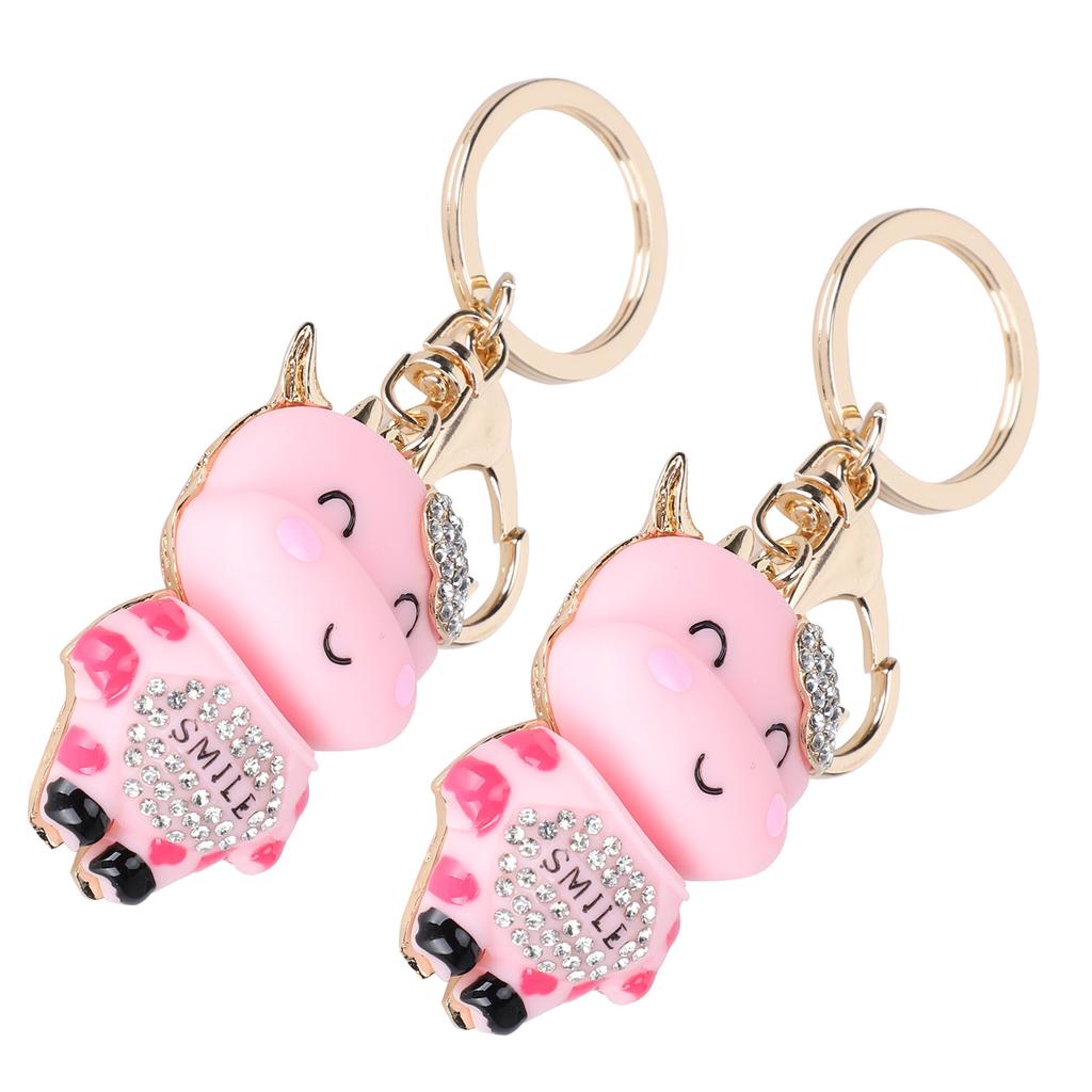 2Pcs Keychain Pendant Cartoon DiamondStudded Resin Small Cow Shape Metal Key   Decoration(White )