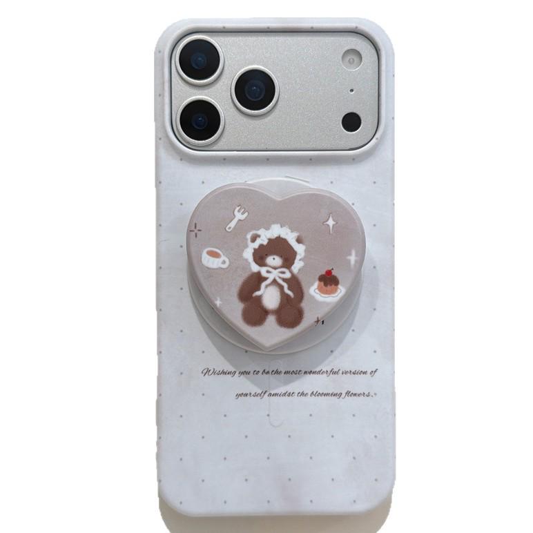 Korean Style Polka Dot Heart Bear Magnetic Stand Phone Case for iPhone 16/15 Pro Max