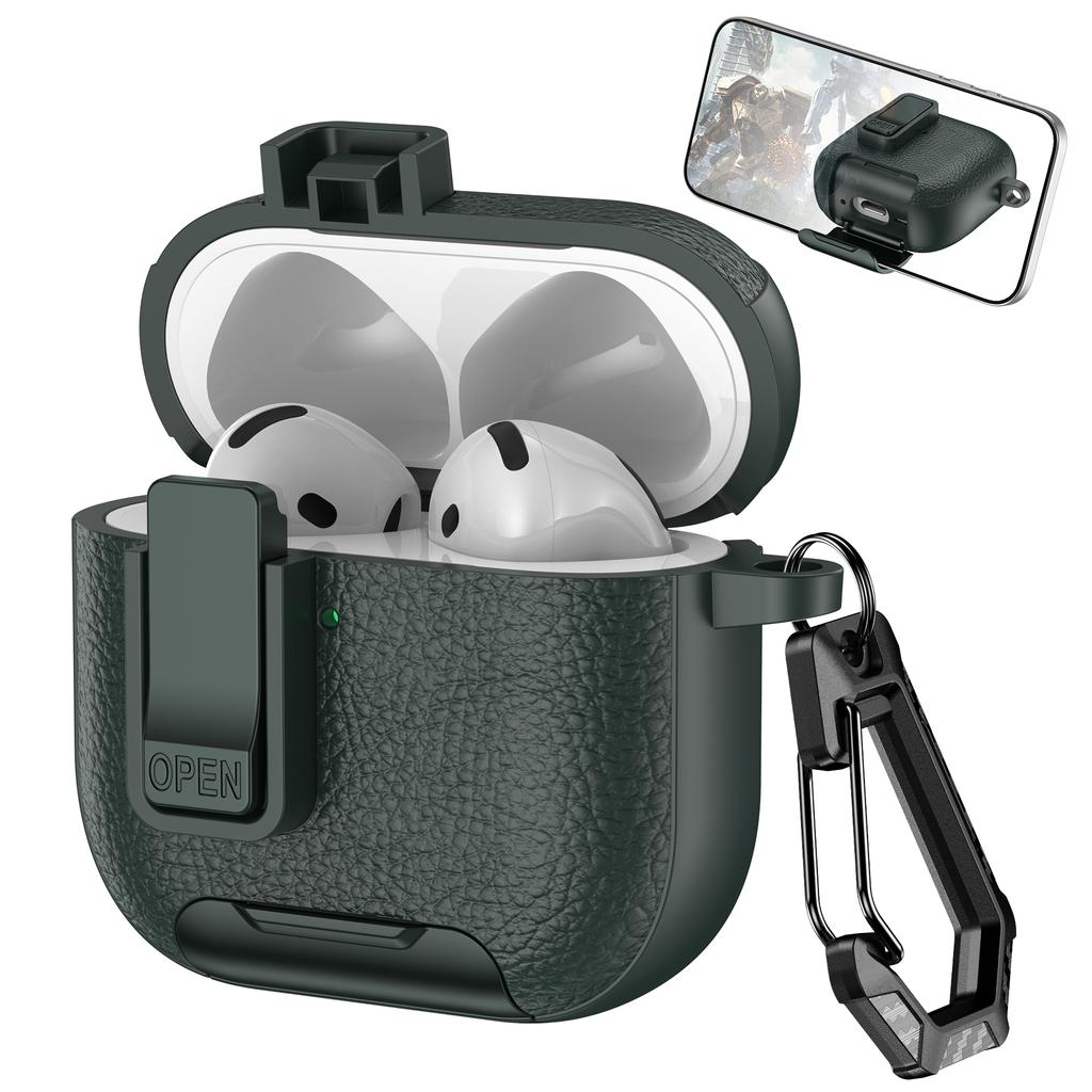 Für AirPods 4 Schutzhülle mit Ständer Leder mit Litschi-Textur TPU + PC Kopfhörerhülle mit Verschluss und Karabiner