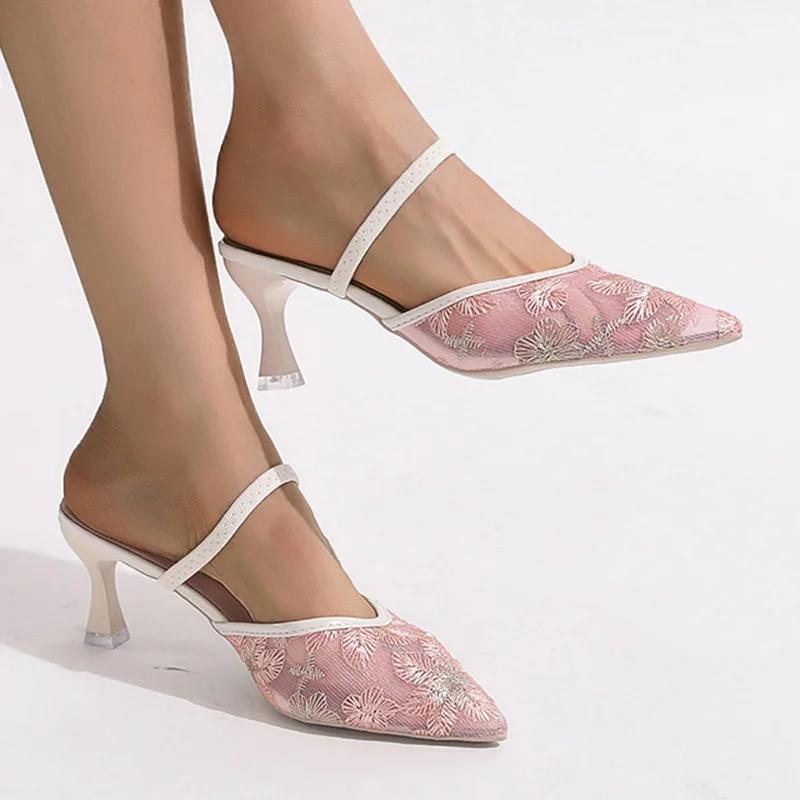 Fashion Elegant Floral High Heels Sandals for Women Plus Size Mesh Breathable Pointed Toe Slippers Summer Light Thin Heeled Shoes