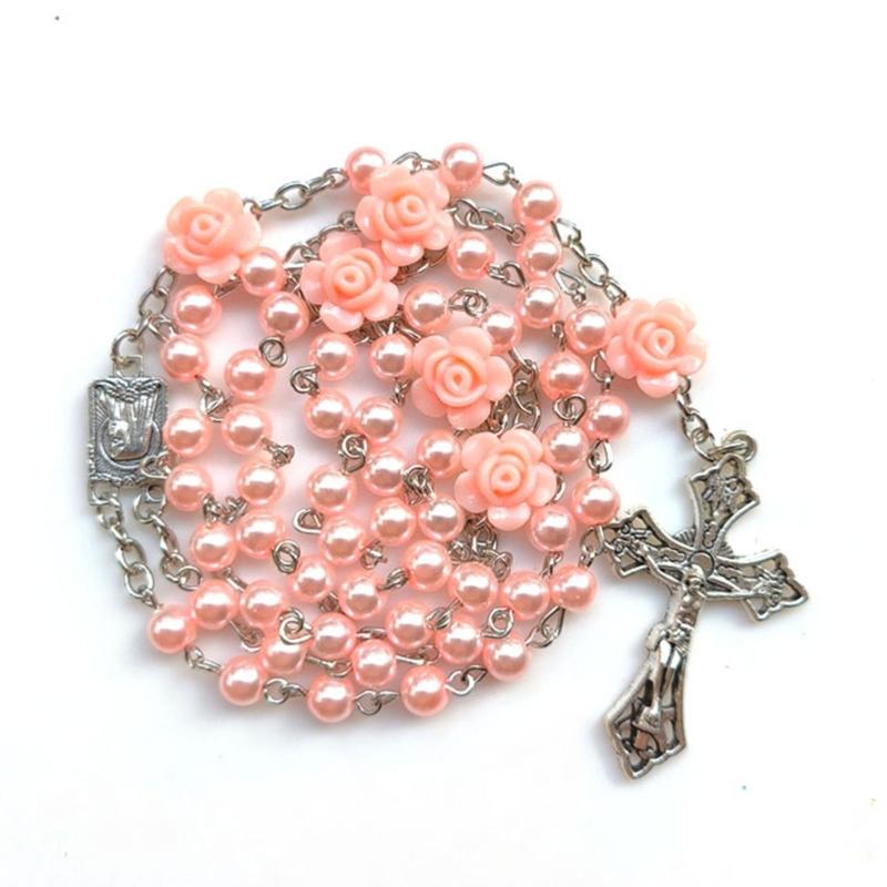 Elegant Rosary Beads Necklace With Glass Pearls and Crucifix Pendant for Prayer and Fashion