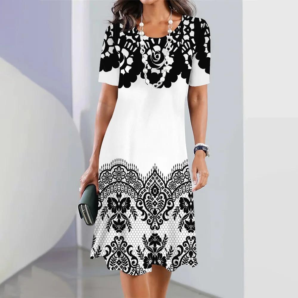 

Women Summer O Neck Short Sleeve 3D Print Midi Dress 8XL
