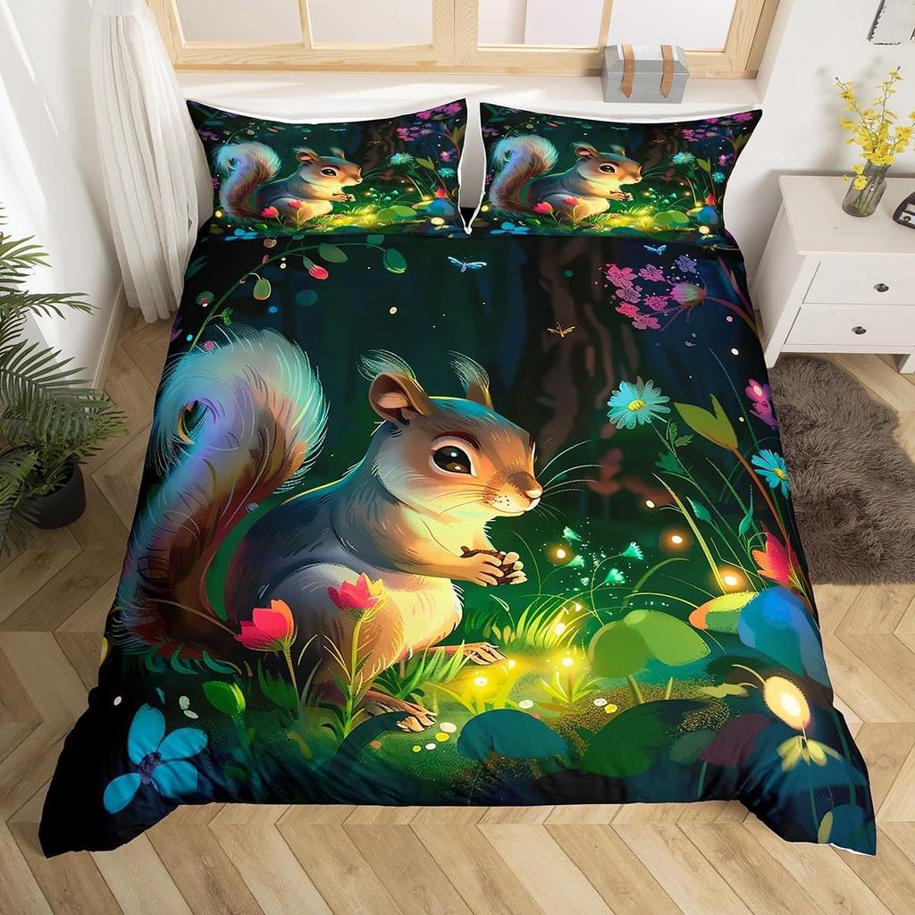 Cute Squirrel Duvet Cover Cherry Blossom Print Bedding Set for Boys Girls Thanksgiving Day Gift Cartoon Squirrel Comforter Cover