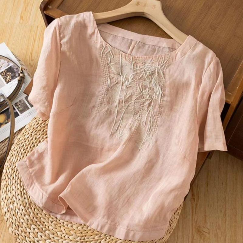 Tops d'été amples en coton lin à manches courtes pour femmes Blouse décontractée et confortable