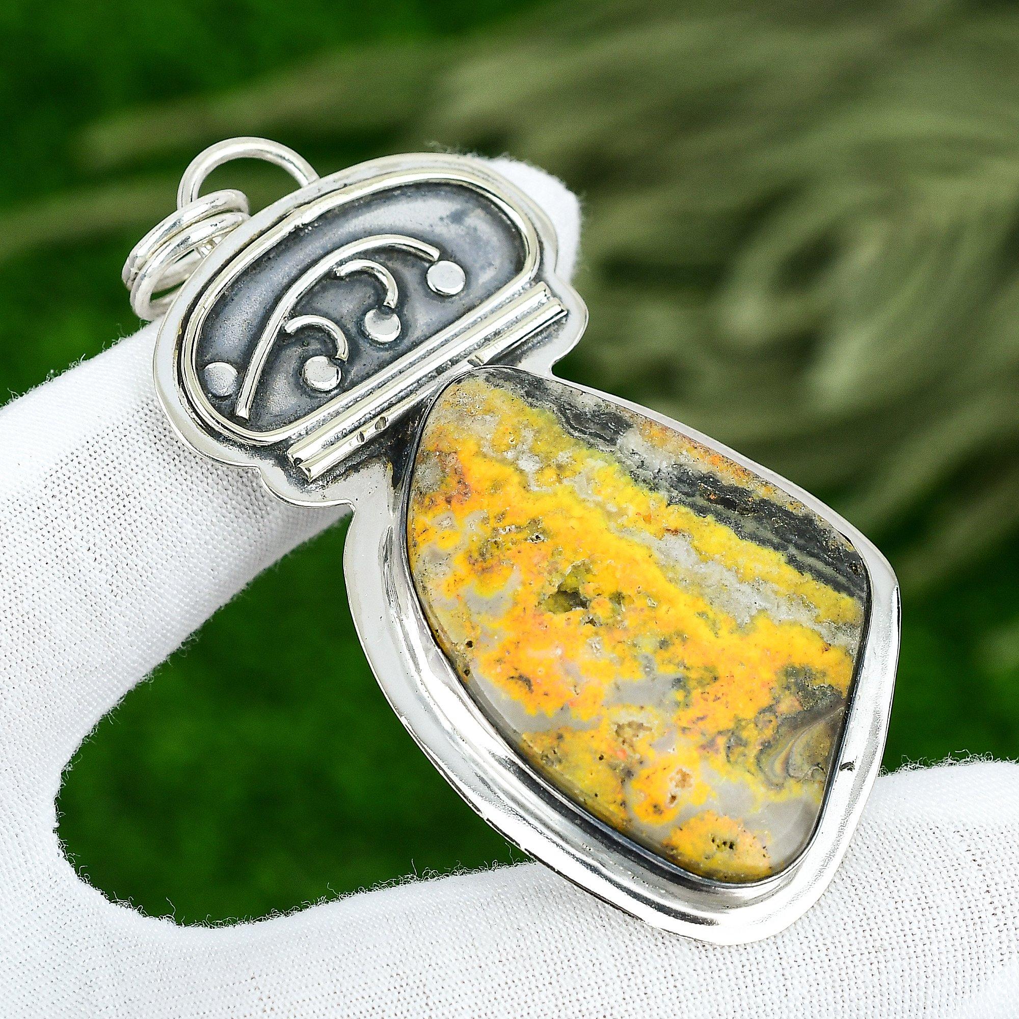 

Sterling Silver Trillion Bumble Bee Jasper Stone Bezel Wedding Mother Pendant