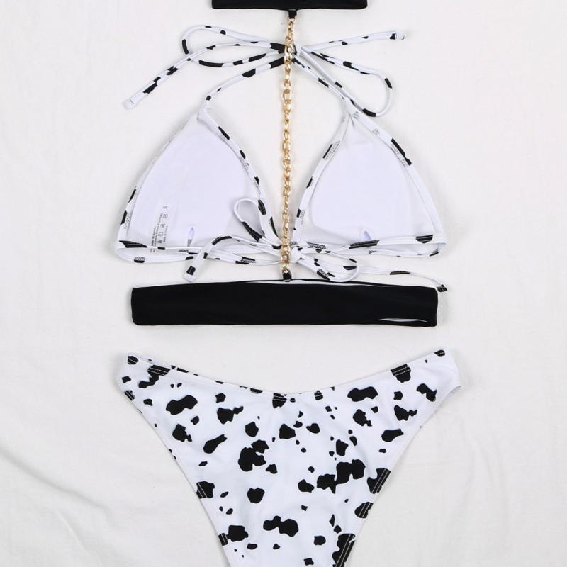 

Модные летние пляжные купальники для женщин с принтом коровы, сексуальный женский комплект бикини с цепочкой на талии и шеей, тонкий женский купальник с высокой талией, костюм 24335 L белый