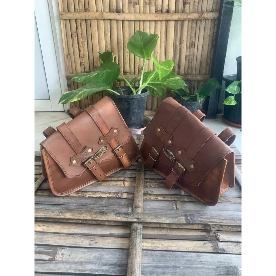 Motorcycle Saddle Leather Bags two Saddlebag Luggage Bag (Free Sling Brown Bag Size - 9 x 7 x 3 in )