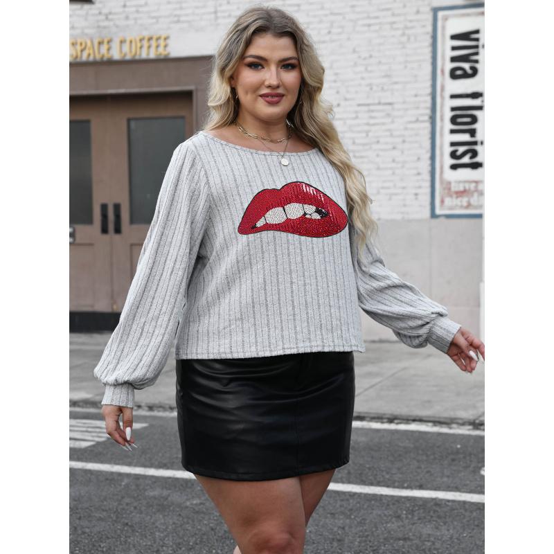 Base Layer Women's Top Plus Size Women's Clothing Sequin Embroidery Lips Personality Patchwork Pullover T-Shirt