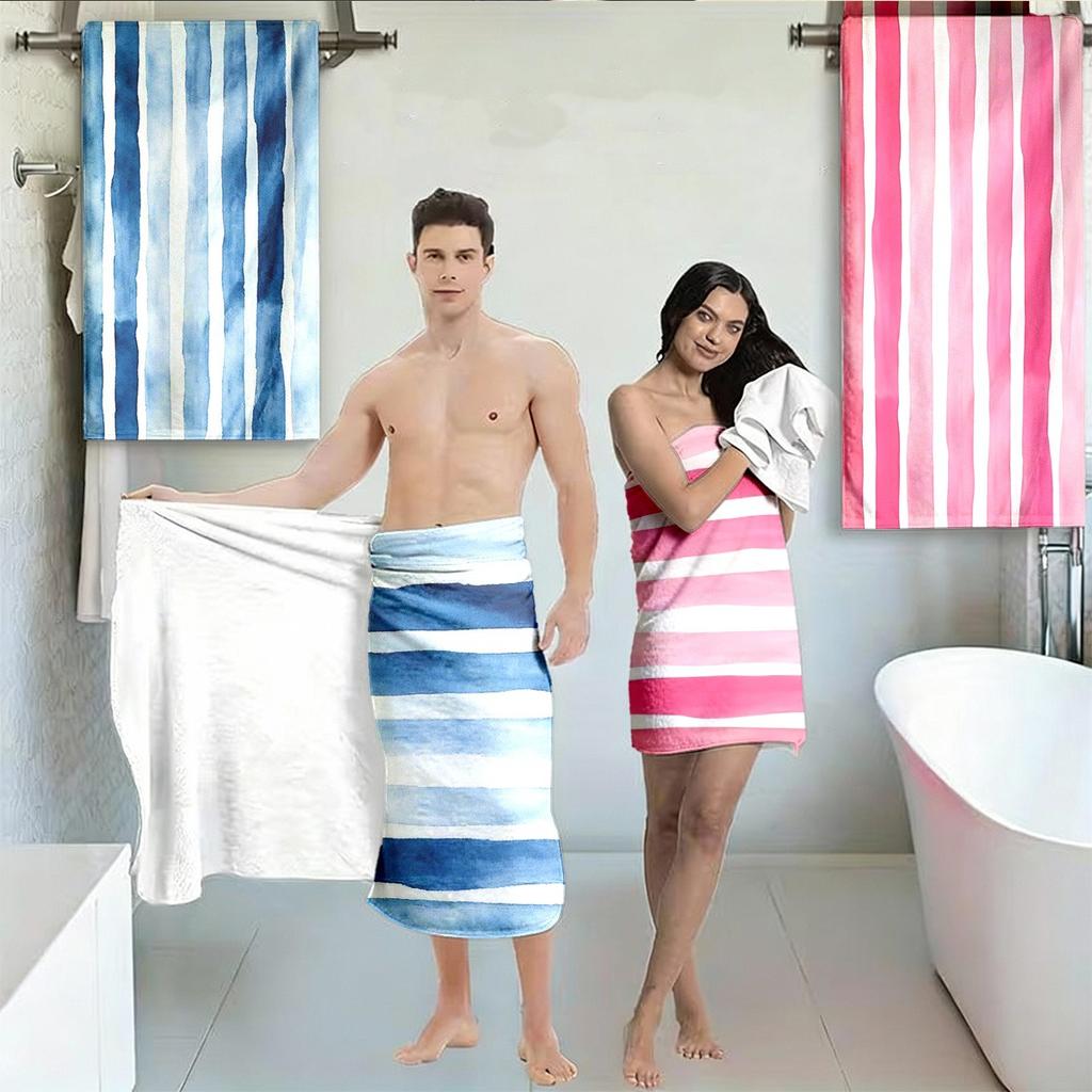 Toalla de Playa a Rayas Azules/Rosa, Toalla Suave de Secado Rápido Sin Arena para Pareja, Toalla Ligera de Viaje para Playa Piscina