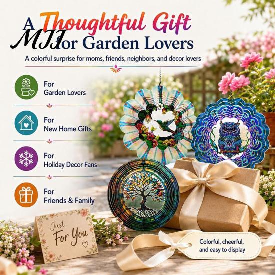 Easy Install Hanging Ornament Outdoor Owl/Hummingbird/Flower/Tree of Life/Rooster Wind Spinners, Reflective Spinners Garden Decor, Bird Deterrents for