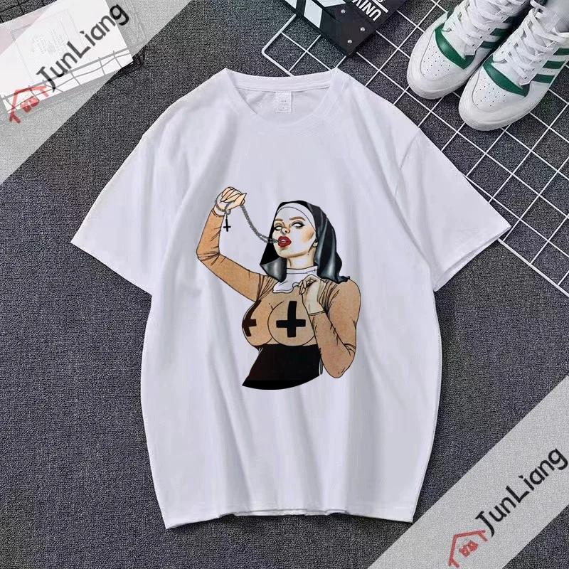 Smoking and Drinking Nuns Religious T-shirt, Cute Unisex T-shirt Short Sleeved Summer Crew-neck Plus Size Breathable Clothing