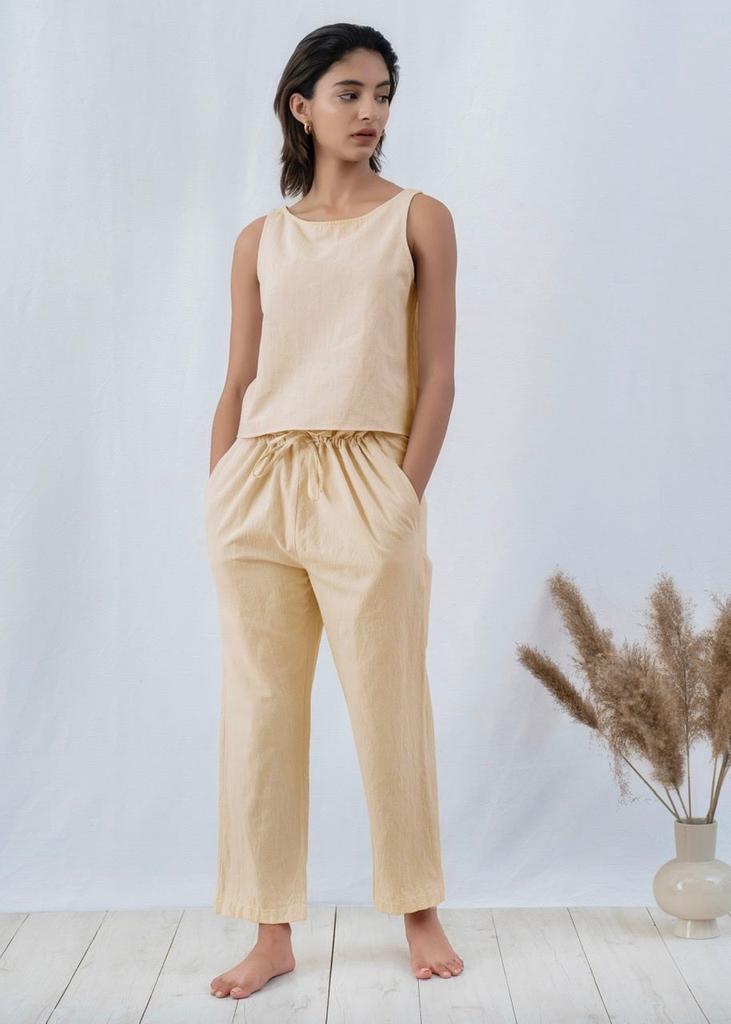 Linen Two Piece Set Women Cross Back Top Paperbag Pants Co-ord