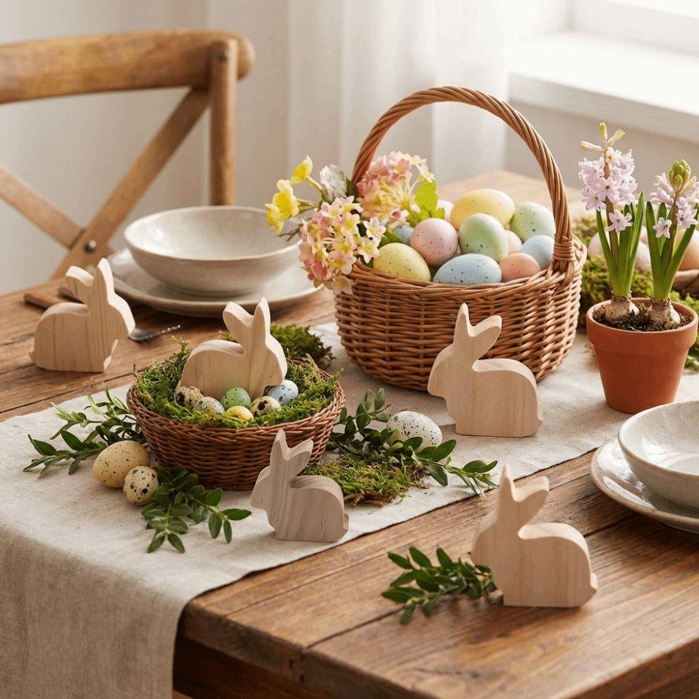 6Pcs Standing Easter Rabbit Ornaments Unfinished Realistic Wooden Bunny Decorative Handmade Handicraft Small Rabbit Statues