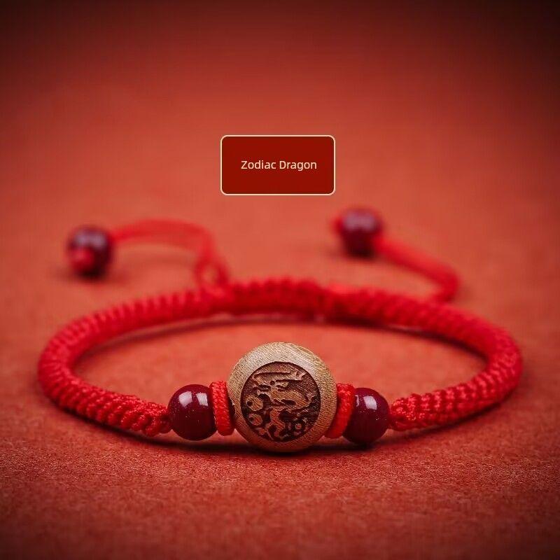 Peachwood Zodiac Red Rope Bracelet Men's Lucky Beads Woven Hand Strap Girls Kids Natural Cinnabar Bracelet Snake