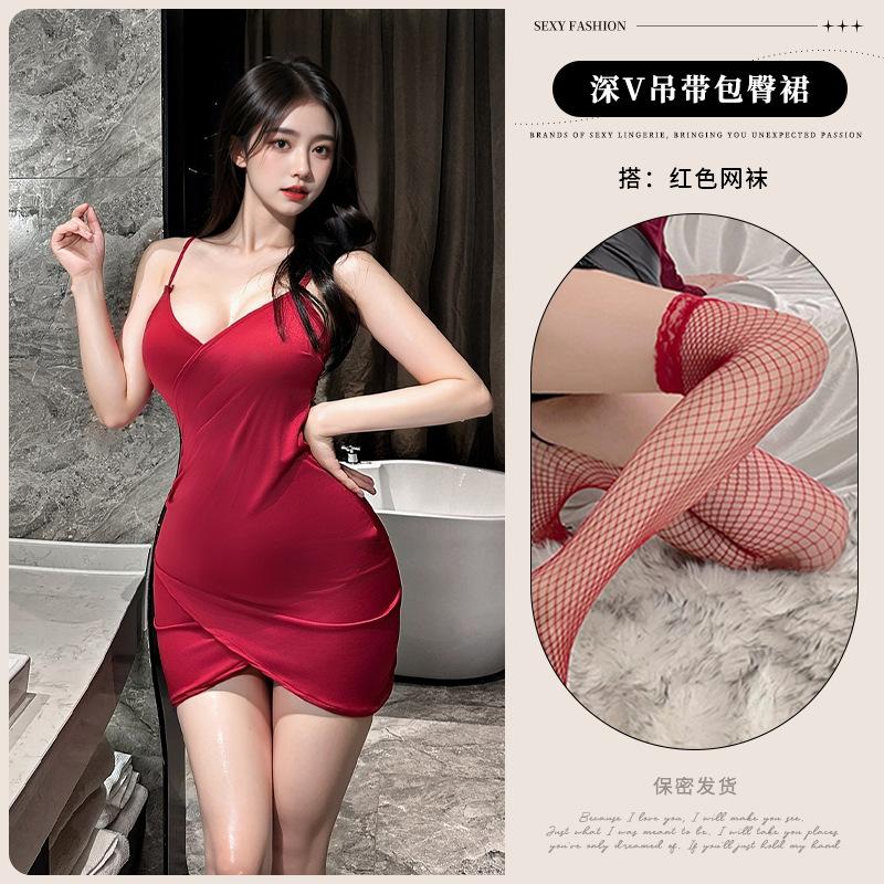Low chest deep V neck waist thin hip skirt sexy suspender dress women