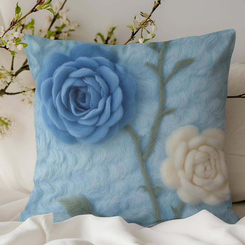New 3D Imitation Plush Blue Rose Pillowcase Pastoral Home Sofa Cushion Pillowcase Decoration