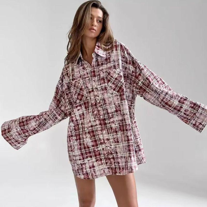 Fashion Style New Arrival Retro Lapels Loose Casual Plaid Shirt Loose Vintage Plaid Shirt