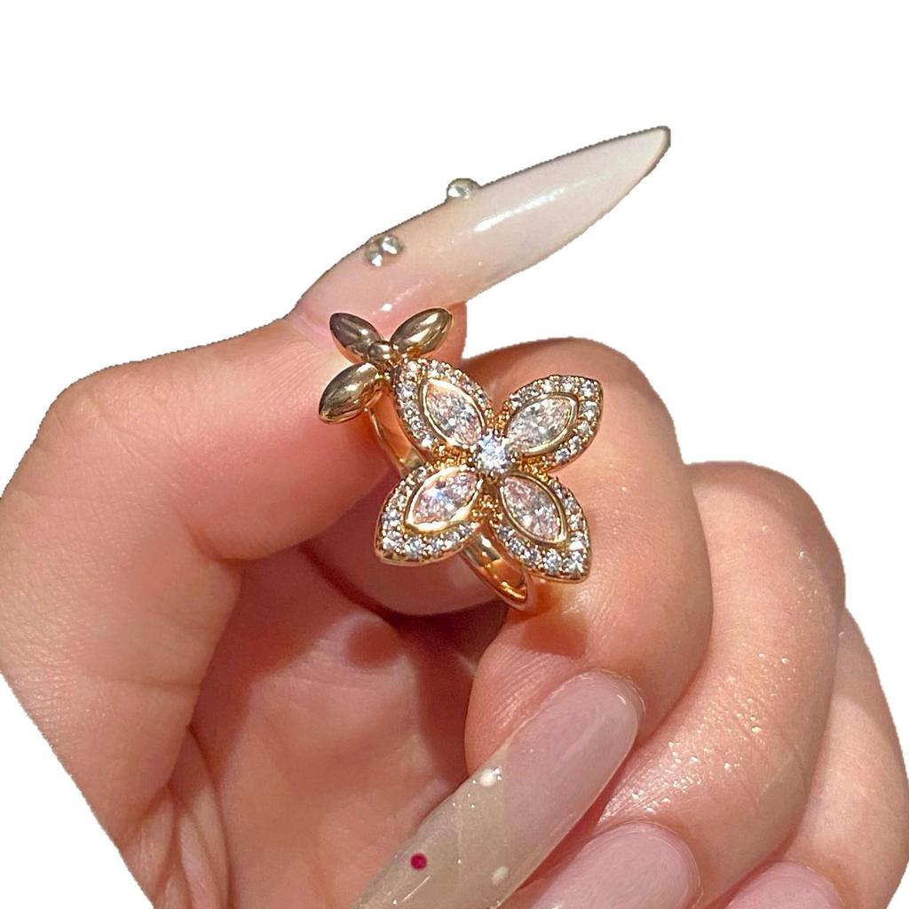 Zircon Lucky Clover Flower Open Ring - Elegant Court Style Exquisite Hand Jewelry